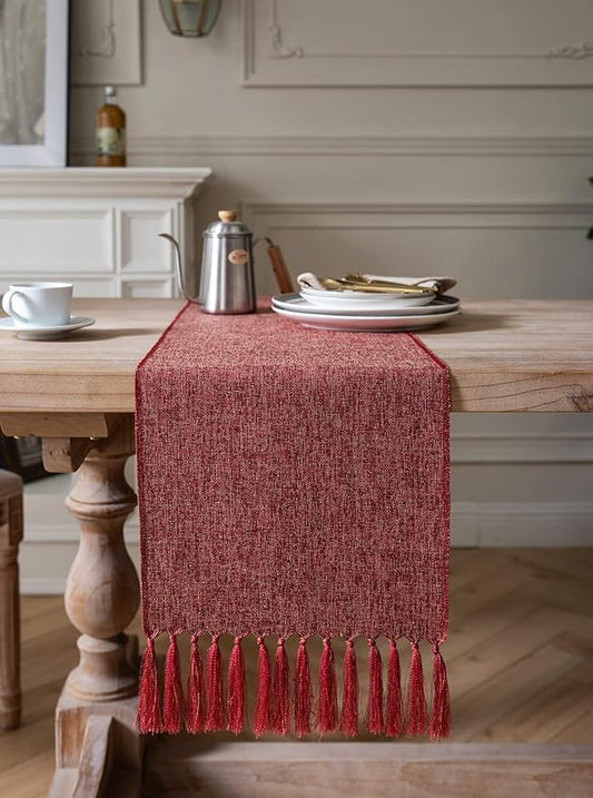 ZeeMart Red Table Runners 60 Inches Long, Burlap Linen Style Rustic Farmhouse Table Runner, Boho Woven Dining Table Runner, 13x60 Inches, Red