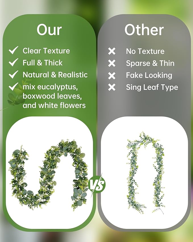 Vlorart 6ft Eucalyptus Garland with Boxwood and White Florals, Mixed Greenery Eucalyptus Garland for Wedding Arch, Backdrop, Table, Mantel and Home Decor