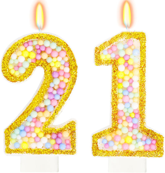 21st Birthday Candle for Cake, Colorful Macaron Numeral Candles for Women/Men, Birthday Party Cake Decorations, Golden Cake Topper for Birthday Party Supplies (Number 21)