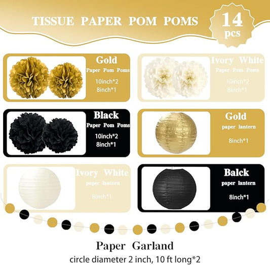 14PCS Black and Gold Party Decorations, Tissue Paper Pom Poms, Paper Lanterns & Polka Dot Paper Garland for 2026 New Year Party Graduation Birthday Wedding Engagement Retirement Party