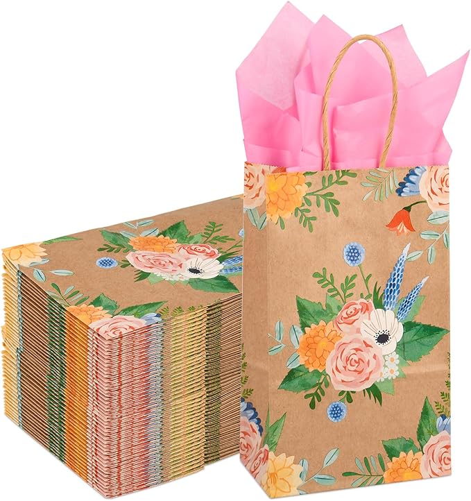 DjinnGlory 50 Pack Small Brown Kraft Gift Bags with Handles and Pink Tissue Paper for Birthday Wedding Baby Shower Party Favors, Thank You Floral Bags for Valentine's Mother's Day (9x5.5x3.15 Inch)