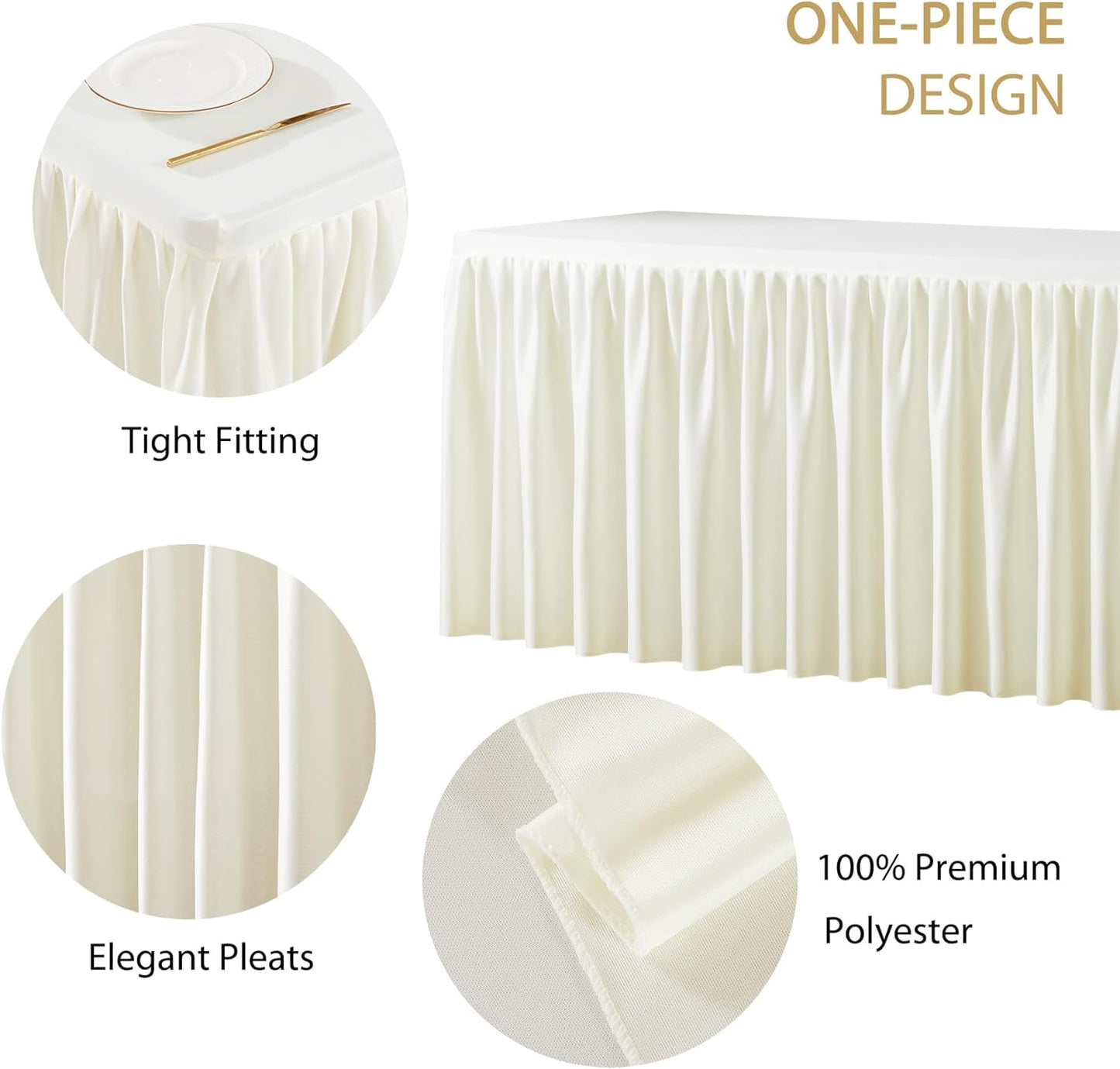 1Pack Ivory Rectangle Table Clothes for 6 Foot Tables, Polyester Wrinkle Free Fitted Tablecloths 6ft Stretch Table Cover with Skirt for Wedding, Birthday, Parties, Trade Show, Craft Show