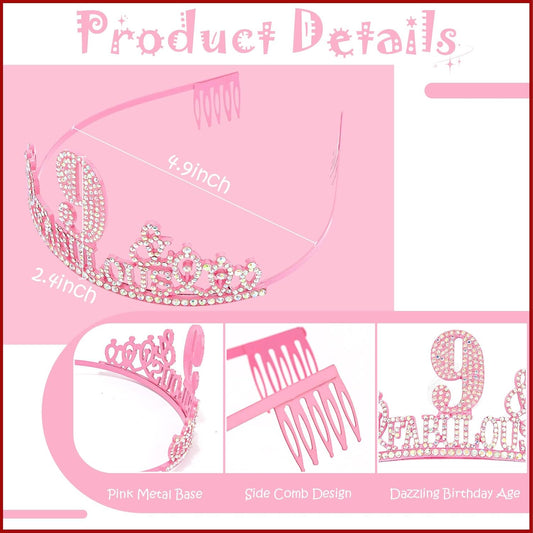 9th Birthday Decorations for Girls Set - Happy 9th Birthday Princess Crown and Glitter Sash, 9 Year Old Girl Tiara Party Decorations Supplies Outfit Accessory Gifts