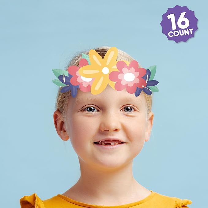 Big Dot of Happiness Paper Flower Crowns, Colorful Floral Tiara Headbands for Girls' Birthday Party, DIY Boho Party Hat Favors, 16 Count