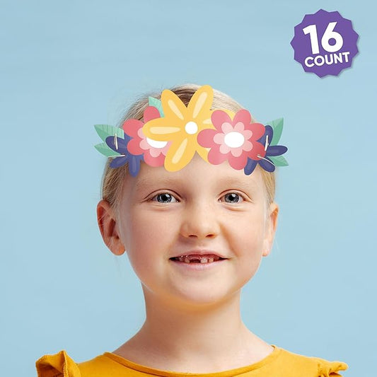 Big Dot of Happiness Paper Flower Crowns, Colorful Floral Tiara Headbands for Girls' Birthday Party, DIY Boho Party Hat Favors, 16 Count