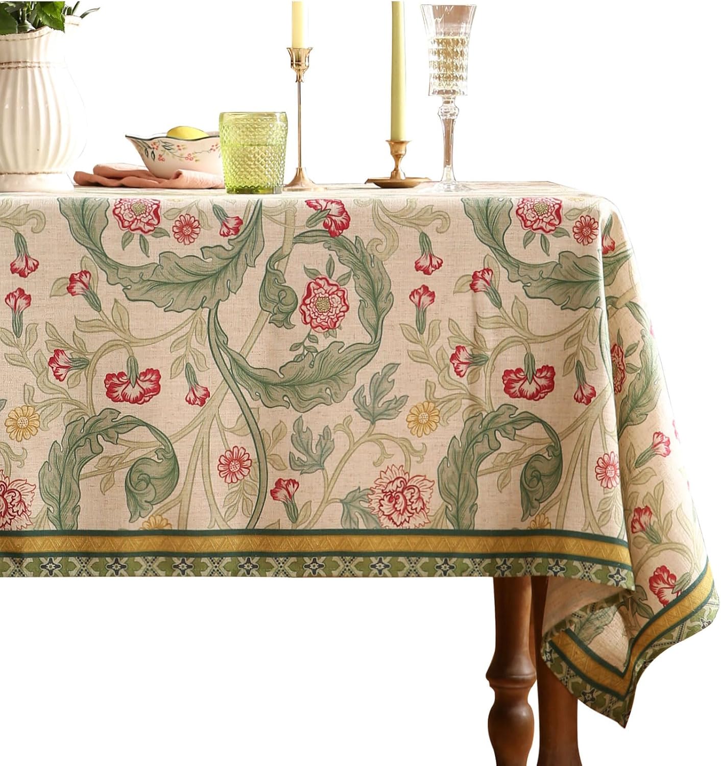 patdrea Designer Linen Tablecloths for Rectangle Table,Green Vintage Leaves Pattern Tablecloth,Decor Floral Table Cover for Kitchen Dining Christmas,Thanksgiving,Tea Party,55"x87"-Cecilia a