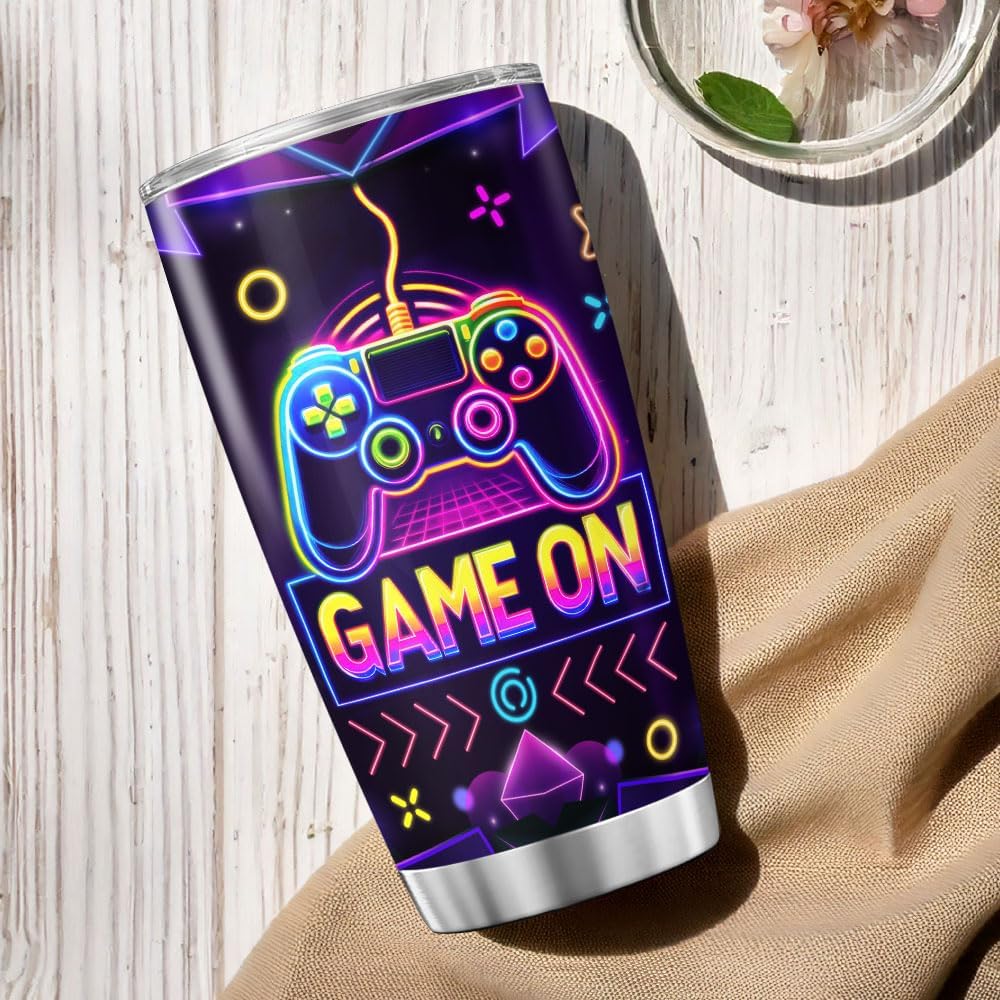 Gaming Controller Themed Cup for Gamers, Neon Design Stainless Steel Insulated Tumbler, 20oz Vacuum Travel Mug for Boys, Teens, Men, Game Lovers Gift for Birthday, Outdoor