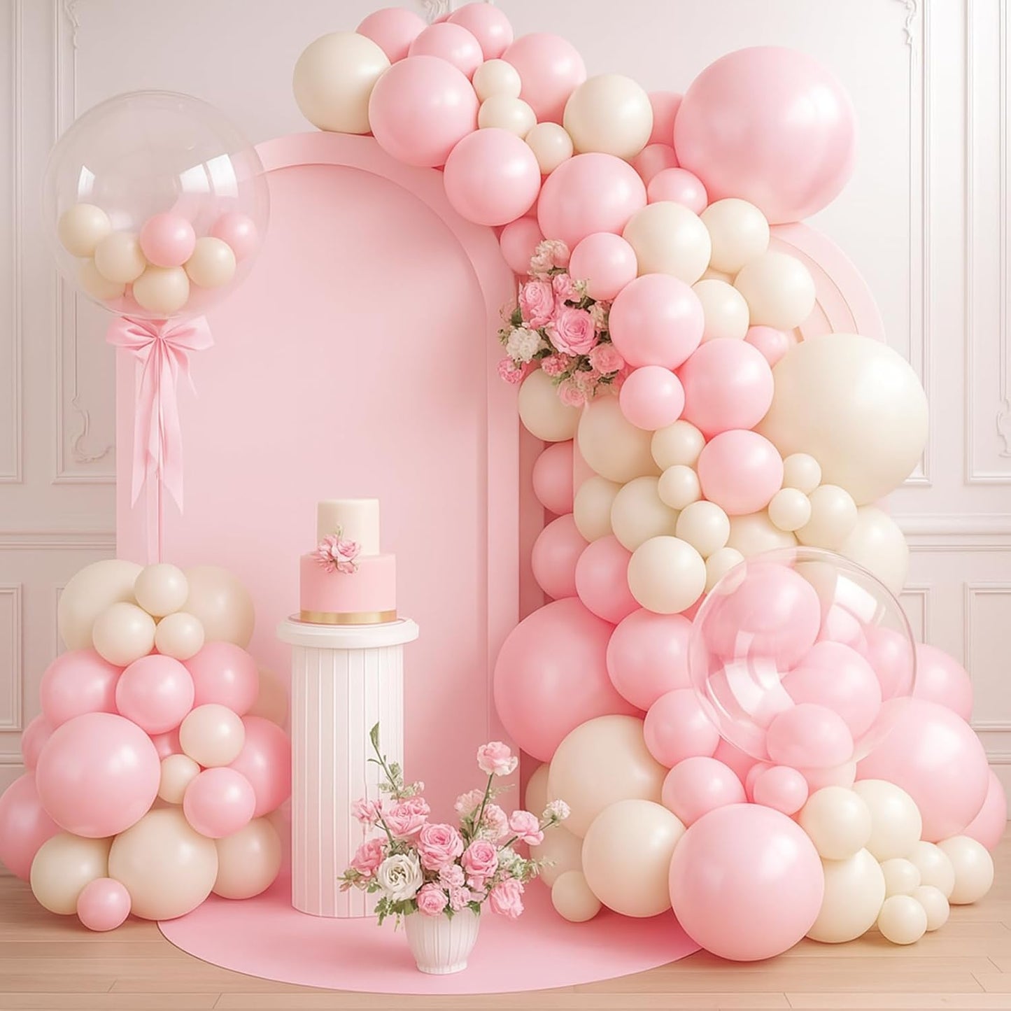 Pearl Pink and White Balloons Arch, Double Stuffed Pearl Pink Sand White Balloons 18/12/10/5 Inch Light Pink Pearl Balloon Garland Kit for Girl Bridal Shower Wedding Birthday Party Decor