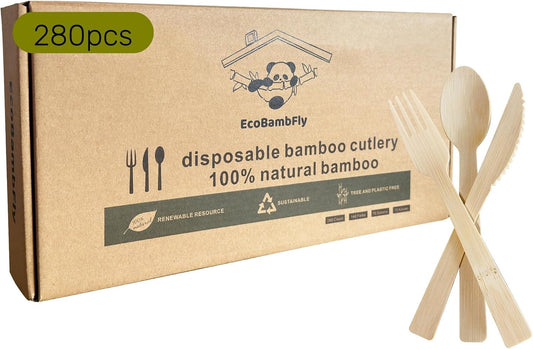 Disposable Bamboo Cutlery (140forks 70spoons 70 knives) Reusable 100% Compostable Biodegradable Sustainable flatware Wooden Plastic Alternatives Durable utensils Parties Picnics Weddings