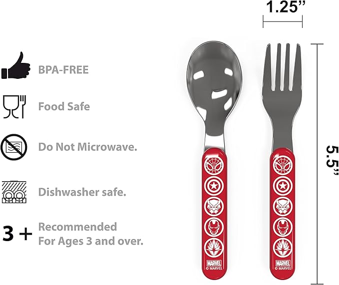 Zak Designs 5-Piece Dinnerware Set, Marvel Universe - Durable Plastic & Stainless Steel - Includes Water Bottle, 8-Inch Plate, 6-Inch Bowl, Fork & Spoon - Suitable for Kids Ages 3+