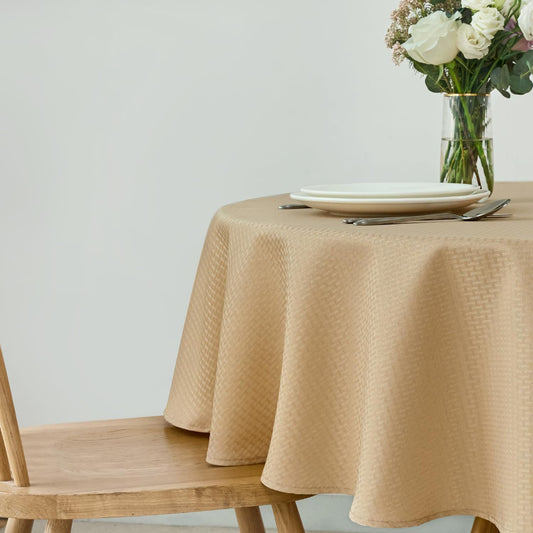 maxmill Round Weaved Texture Design Tablecloth Spill-Proof Wrinkle Free Soft Washable Table Cloth for Circular Table Cover, for Dining Room Buffet Banquet Parties Holiday Dinner, 90 Inch Beige