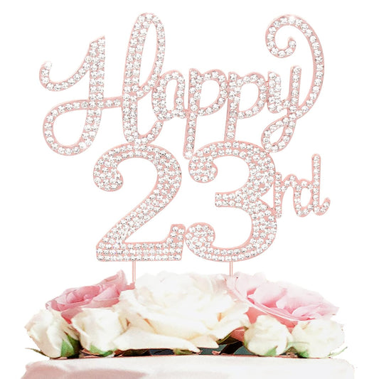 LASKYER Happy 23rd Birthday Rose Gold Rhinestone Cake Topper - 23rd Birthday/Anniversary,Cheers to 23 Years Old Bday Party Metal Sparkly Centerpieces Decorations.