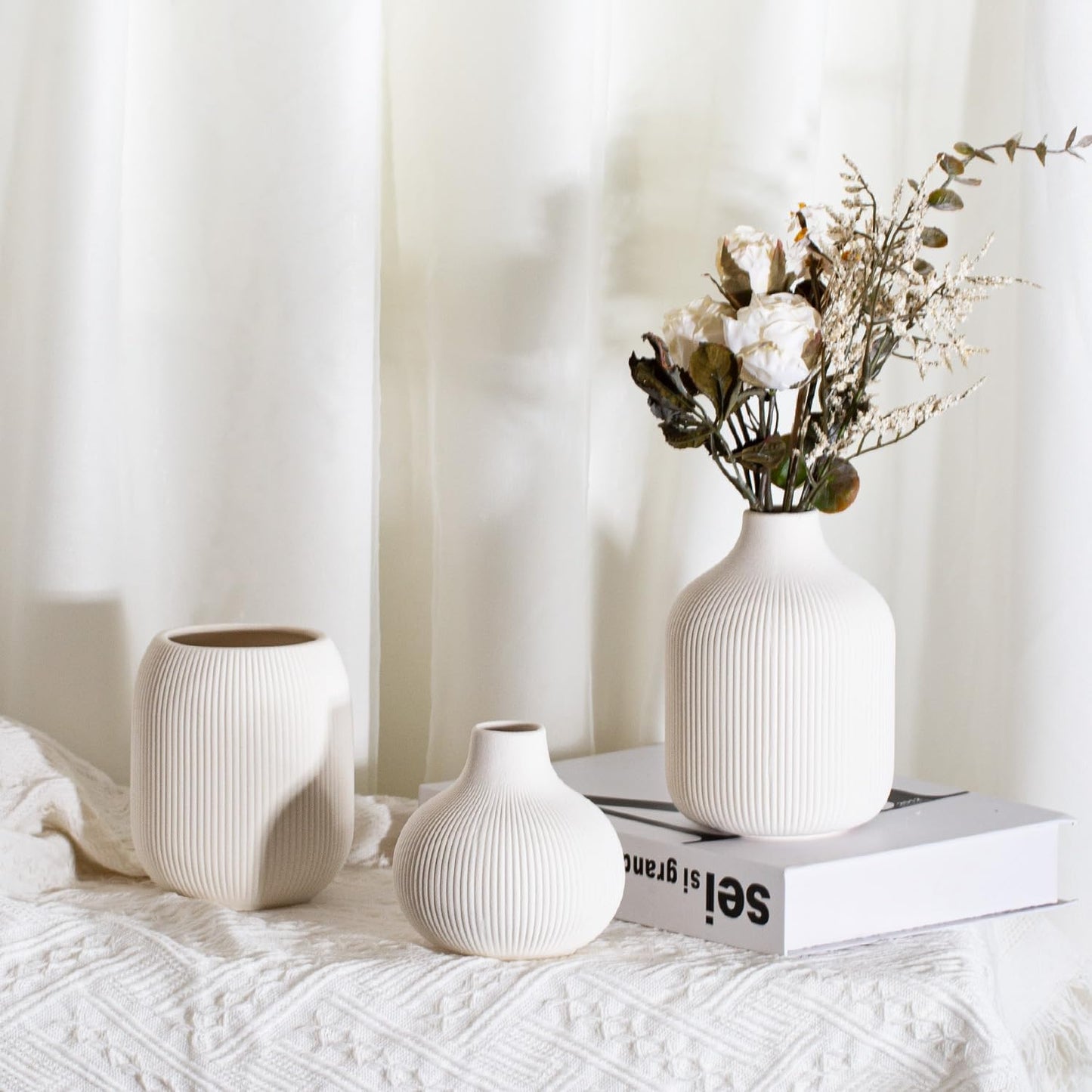 Modern White Ceramic Vase Set of 3, Ribbed Texture Boho Minimalist Home Decor, Small Decorative Vases for Centerpiece, Shelf, Tabletop - Aesthetic Touch for Neutral & Transitional Spaces