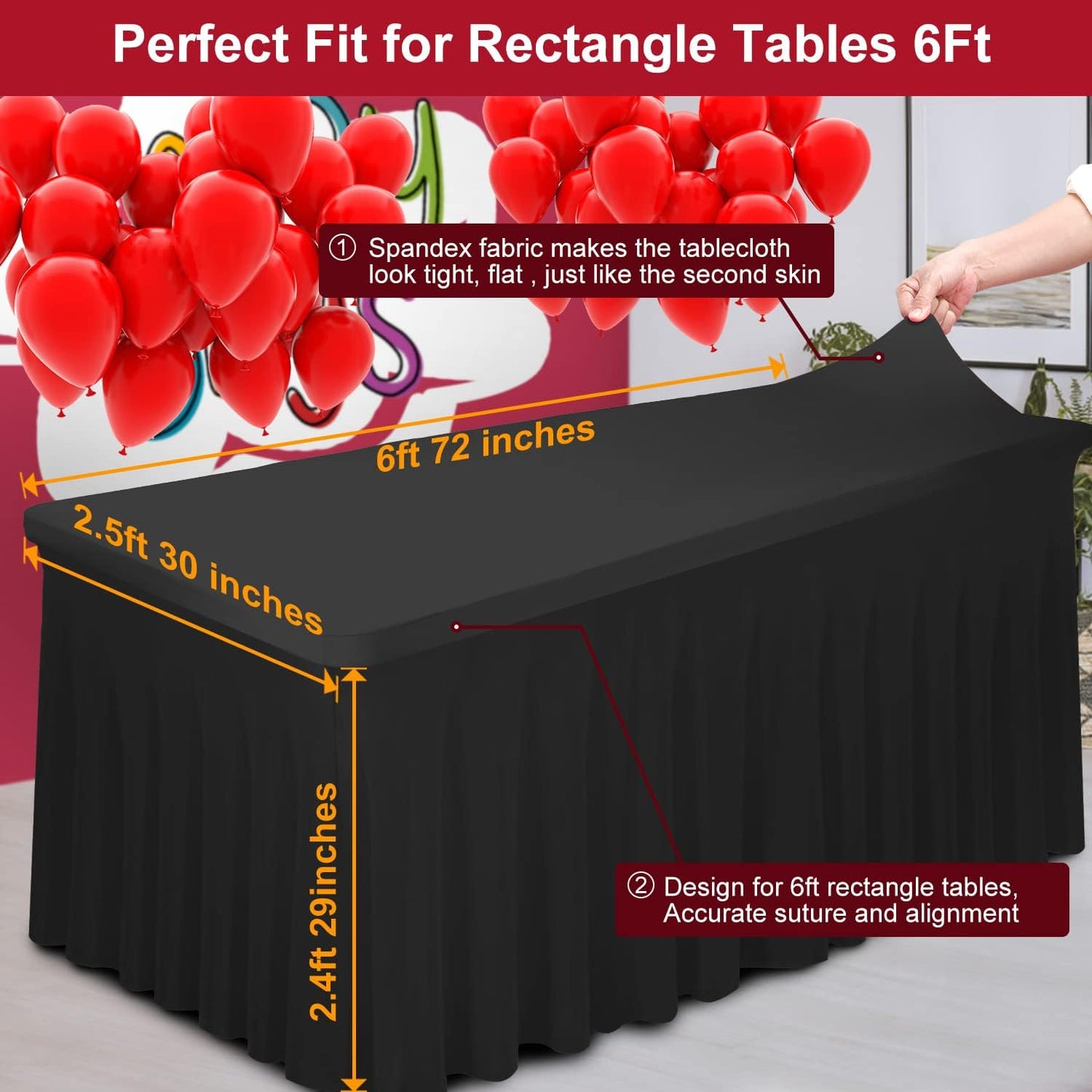 Thick 2 in 1 Spandex Table Skirt and Cover 6ft,Rectangle Fitted Tablecloth with Pleated Skirt,Wrinkle Free Rectangular Table Cloth for Banquets Vendor Event (Black, 72"*30"*29",2Pack)