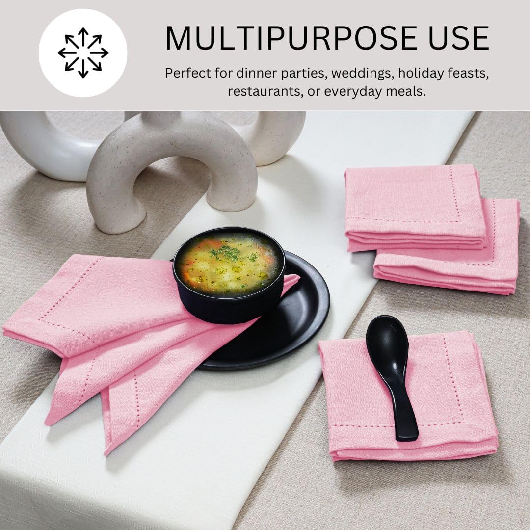 Hemstitch Dinner Napkins 100% Cotton Set of 12 - for Dining Special Occasions Weddings Parties Holidays Easter - Soft Durable Reusable - Elegant 18x18 Inch Table Cloth Napkins Baby Pink