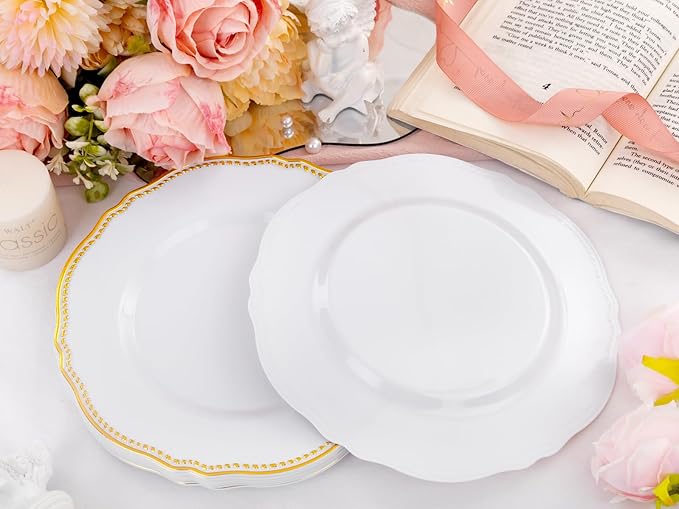 Hioasis 60pcs Gold Plastic Plates - White and Gold Disposable Dinnerware with Gold Rim, Heavy-duty, 7 inch, Dessert Plates for Party & Thanksgiving