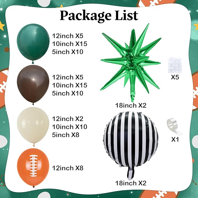 Football Balloon Arch Kit, Dark Green Brown Balloon Garland with Foil Star Striped Balloons for Football Party Decorations Touch Down First Year Down Birthday Tailgate Sport Party Game Day Decorations