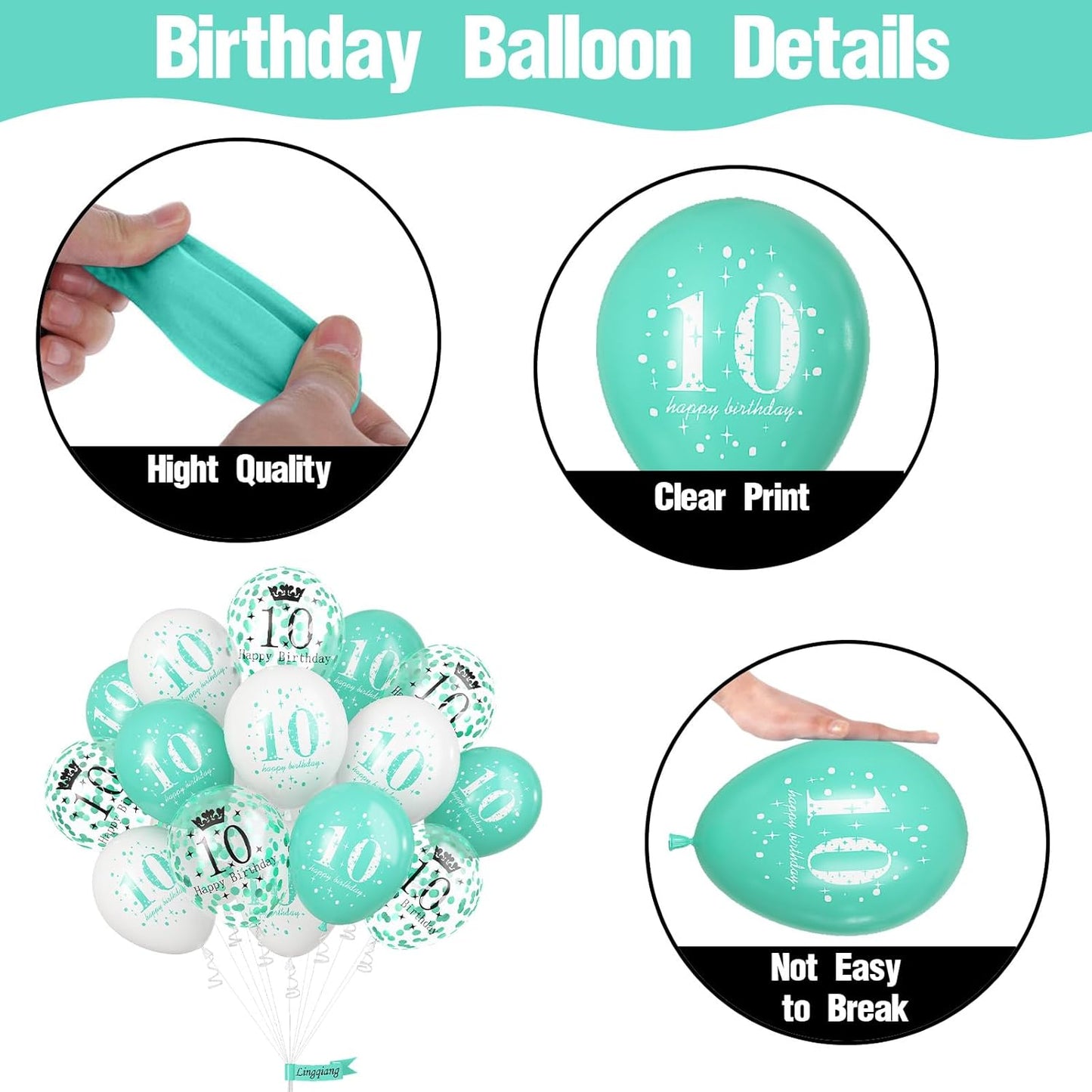 10th Birthday Decorations Girl, Teal White Happy 10th Birthday Latex Print Balloons for Boys, Turquoise White Confetti 10th Bday Party Decorations for Kids Age 10 Years Old Birthday Party Supplies
