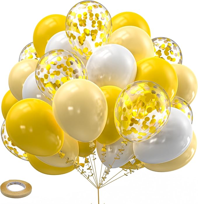 Kelfara Yellow and White Confetti Thanksgiving Fall Balloons,60PCS 12inch Pastel Yellow Sunflower Party Balloon For Sunflower HoneyBee Theme, Birthday, Baby Shower, Wedding Decorations
