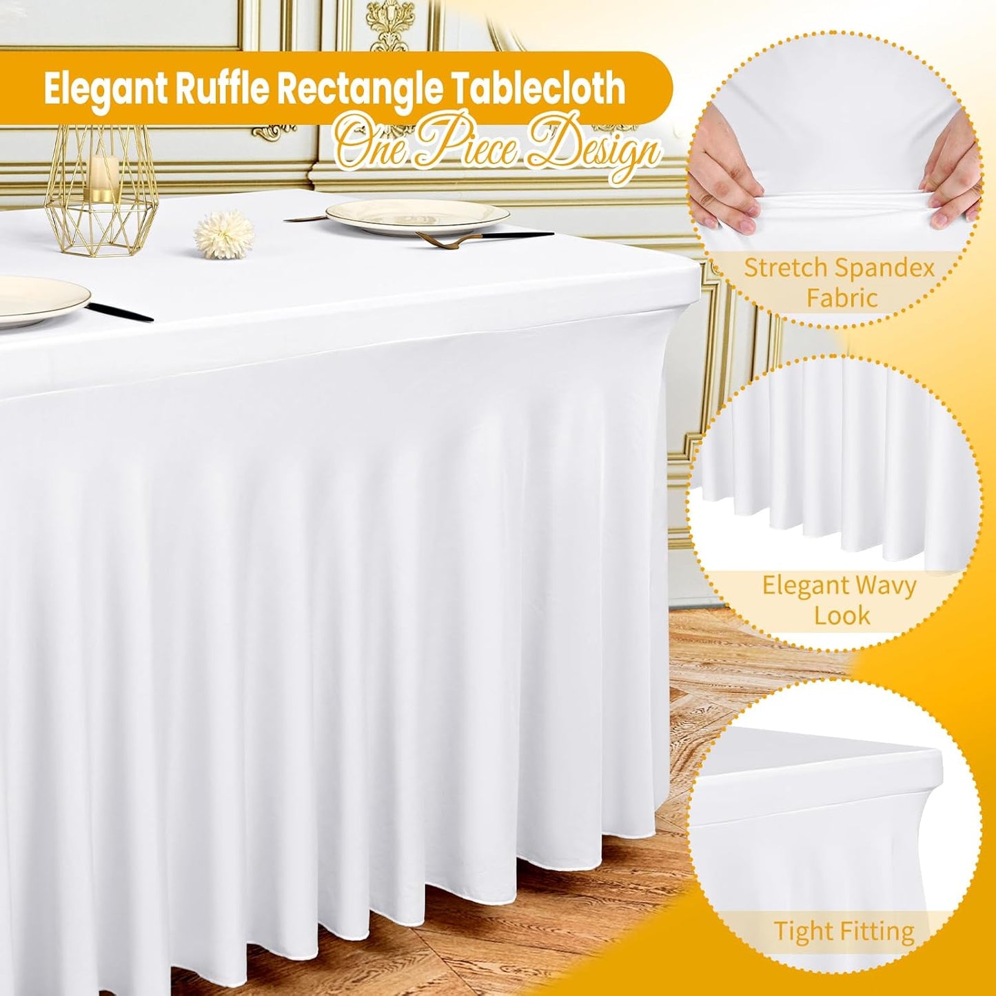 4 Pack 6Ft Spandex Table Skirts Fitted White Stretch Tablecloth, One-Piece Wrinkle-Resistant Ruffles Design Table Cover and Skirt for Wedding Party Banquet Event Trade Show