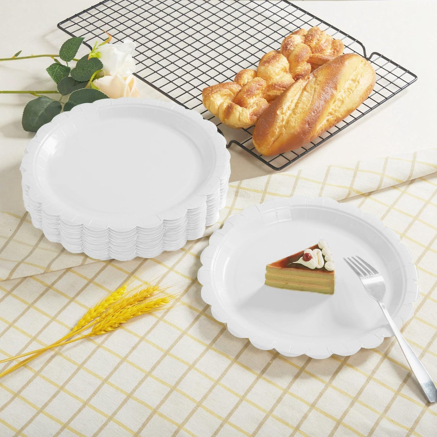 BEFORYOU 50PCS Scalloped Disposable Paper Plates Dessert Cake Party Plates for Baby Shower, Wedding,Bridal Shower Birthday Party Supplies (White, 7IN)