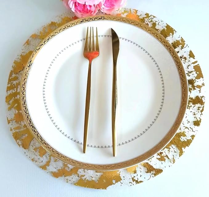 Disposable Gold Placemats Set of 100 Metallic Thin Round 13 Inch Gold Doilies Mesh Pressed Fall Table Placemates 100 Pack Charger Plates for Wedding, Birthday Party