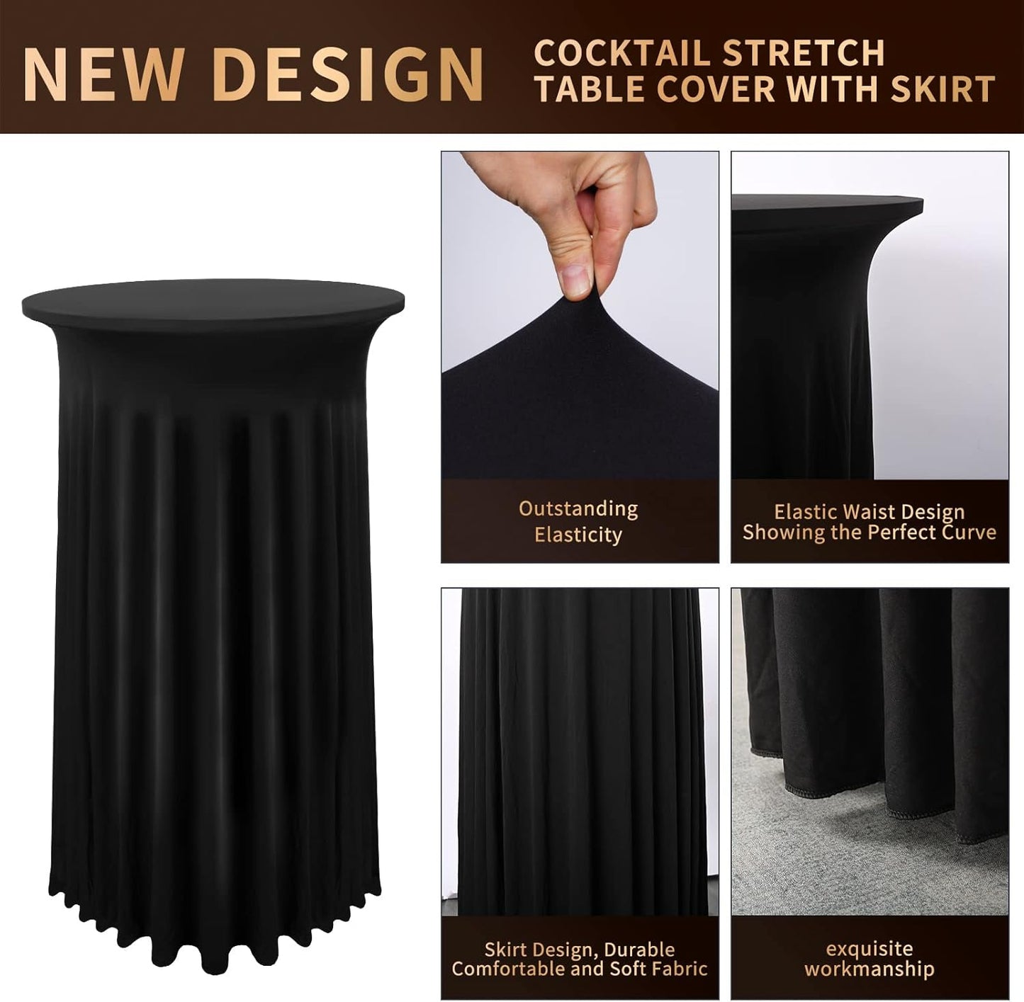 6 Packs Cocktail Table Covers Black Cocktail Table Cloth 32"x 43" Spandex Stretch Small Round Tablecloth for 32in Table with Wavy Drapes Fitted High Top Table Cloth for Party Wedding Banquet Bar Table