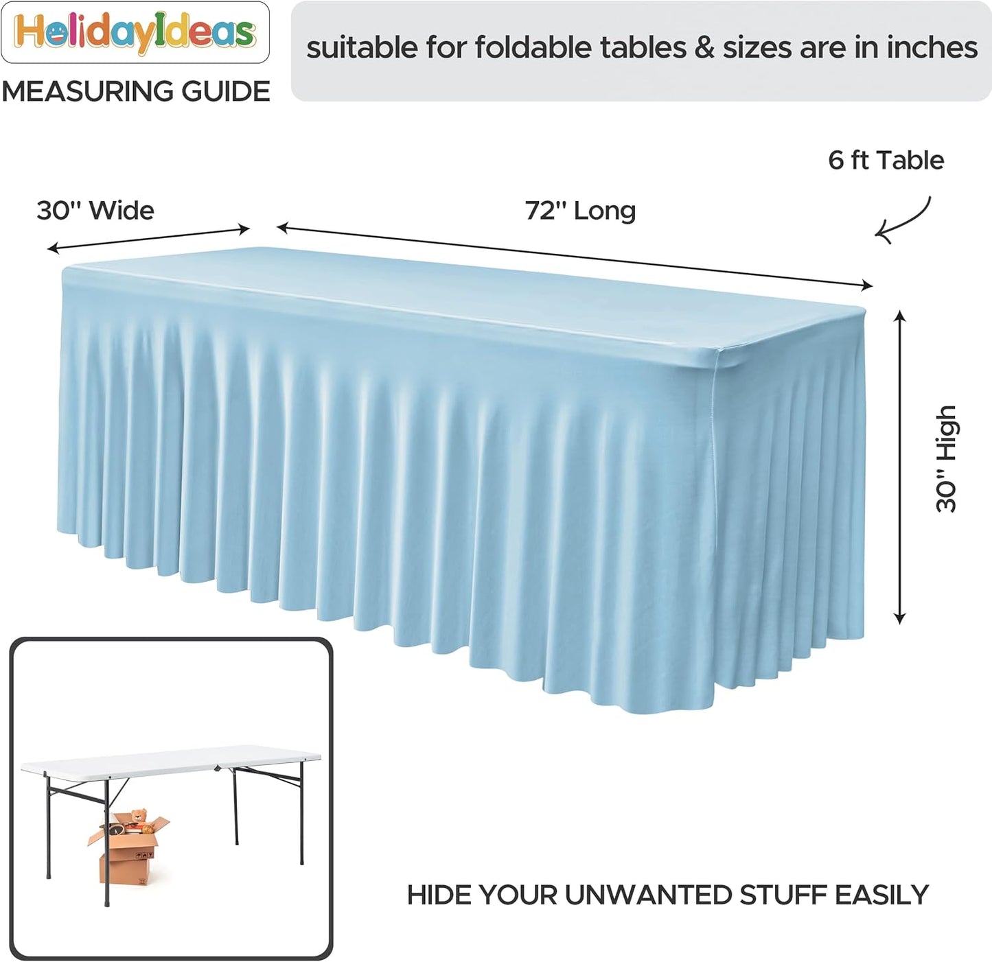 HolidayIdeas Spandex Table Skirts for Rectangle Tables 6 Ft, Fitted Stretch Table Cover 30x72 Inch, Wrinkle-Free Ruffle Design Tablecloths for Banquets,Trade Shows, Parties, Events, 4 Pack, Baby Blue