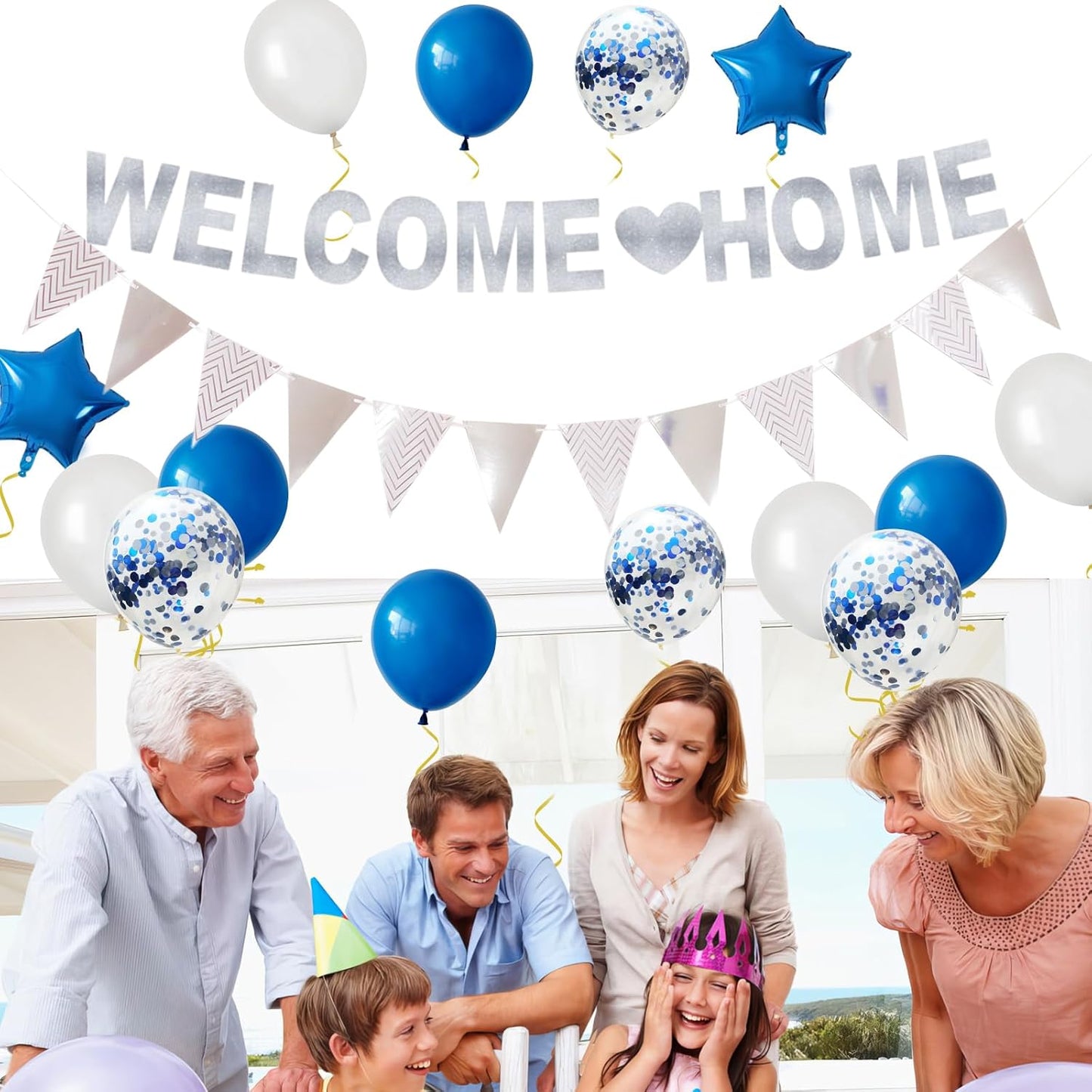 Welcome Home Decorations,Blue Silver Welcome Home Balloons Banners Set,Welcome Home Glitter Banner with Confetti Balloons,Pennant Flag Bunting for Home Family Baby Shower Party Supplies