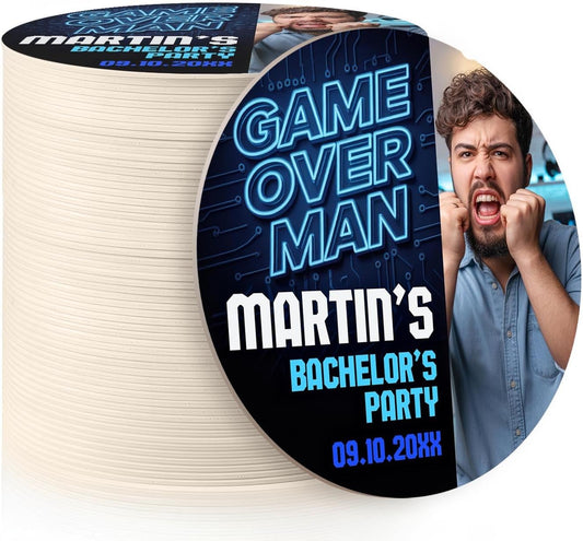 60 Pack Personalized Bachelor Party Coasters, Custom Cardboard Drink Coasters with Photo Print and Text, Fun Bachelor Party Favors and Gifts, 3.95" Round, Design 6