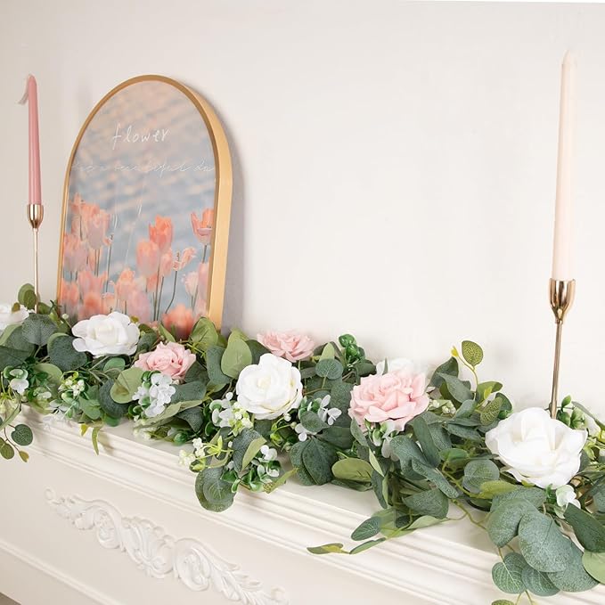 N&T NIETING 4 Pack Artificial Eucalyptus Leaf Garland, Faux Greenery Garland Decor 6 FT Summer Garlands, Fake Hanging Vines Garlands for Wedding Decoration Table Mantle