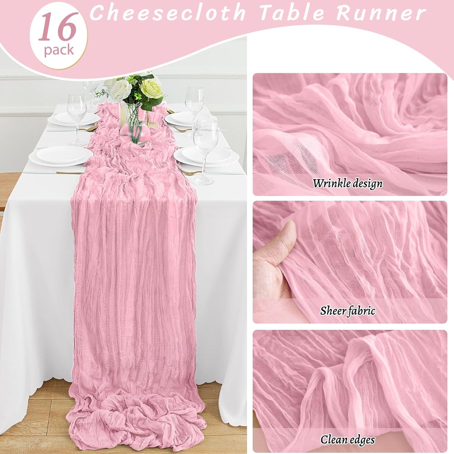 16Pack Pink Table Runner 10FT Cheesecloth Table Runner 35x120Inch Long Boho Cheese Cloth Table Runners Rustic Gauze Table Runners for for Party Wedding Bridal Shower Baby Shower Decorations
