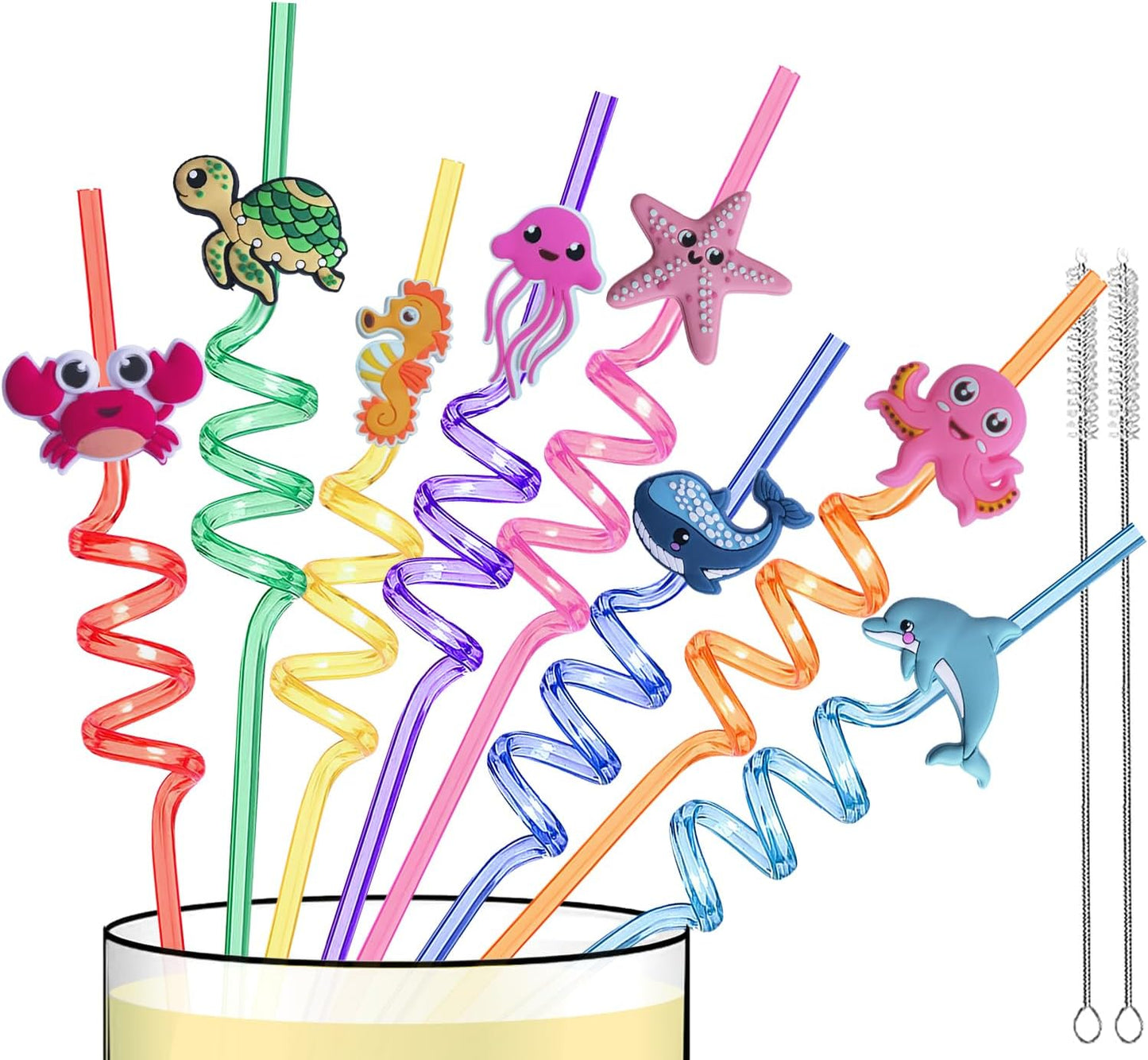 24 PCS Reusable Sea Animal Straws Party Favors, Plastic Ocean Creature Silly Swirly Drinking Straws for Kids Party Decorations Beach Ocean Themed Party Supplies with Clean Brushes
