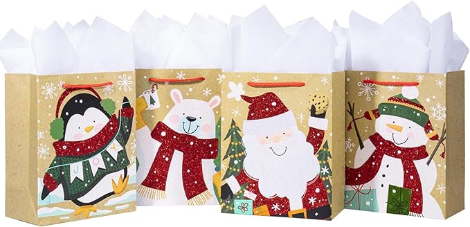 Loveinside Christmas Gift Bags Set, Glitter Foil Santa, Penguin, Snowman & Polar Bear Design, Medium Size Bags with Handle, Tissue Paper for Christmas Gifts & Party Favors, 4 Pack, 7" X 4" X 9"