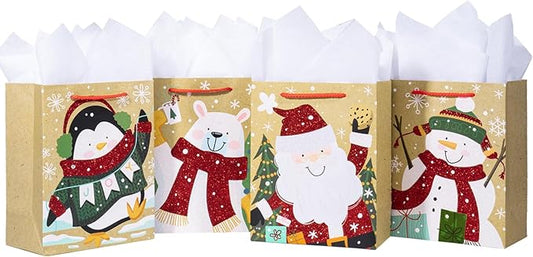 Loveinside Christmas Gift Bags Set, Glitter Foil Santa, Penguin, Snowman & Polar Bear Design, Medium Size Bags with Handle, Tissue Paper for Christmas Gifts & Party Favors, 4 Pack, 7" X 4" X 9"