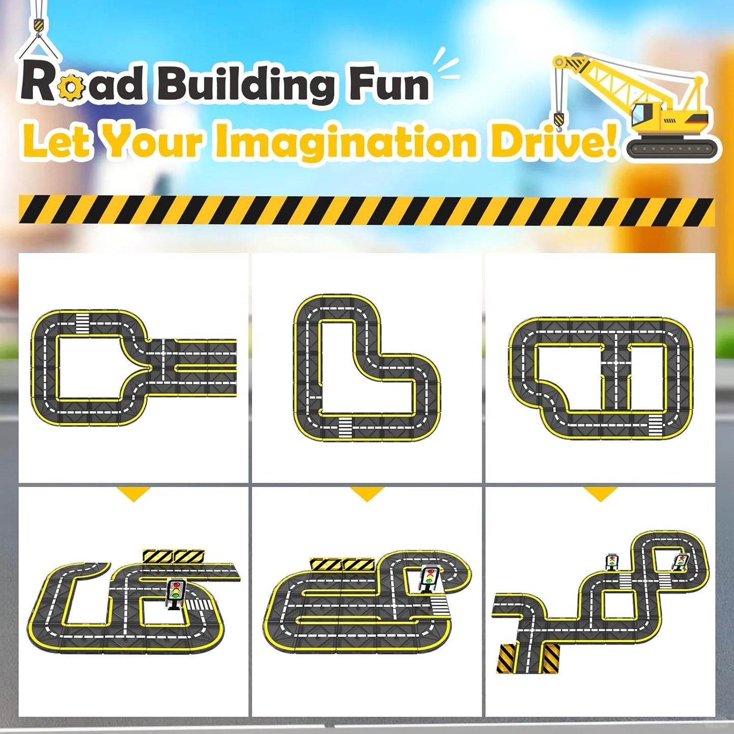 Coodoo 100 PCS Magnetic Tiles Road Set with 3 Cranes & 2 Cars - Magnetic Blocks City Construction Building Toys for 3+ Year Old Boys Girls Ideal Preschool Learning Outdoor Creative Toddler Kids Toys