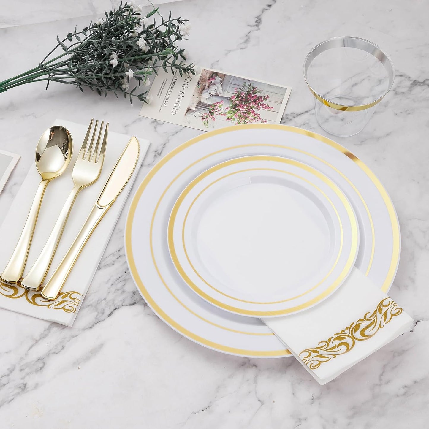 BESTVIP 350 PCS Gold Dinnerware Set for 50 Guests, Plastic Dinnerware Set for Party, Wedding, Christmas, Halloween, Include: 100 Plastic Plates, 50 Gold Silverware, 50 Cups, 50 Paper Napkins