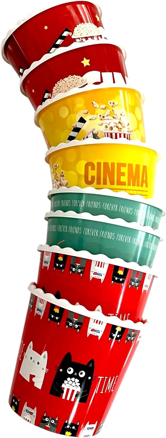 Modern Style Reusable Plastic Popcorn Box/Popcorn Containers/Popcorn Bowls Set for Movie Theater Night - (BPA Free - 8 Pack - 75 oz) (Popcorn Mix Y)