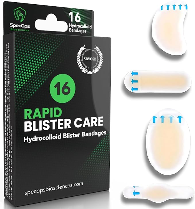 Hydrocolloid Blister Bandages (16 Pack) - Premium Blister Treatment for Athletes. Fast Healing Bandages for Blisters and Burns