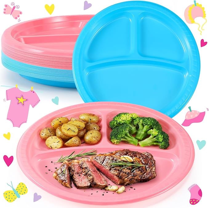 50 Pcs 10 Inch Plastic 3 Compartment Divided Plates Heavy Disposable Round Dinner Plates with Dividers for Wedding Birthday Party Dinnerware (Pink, Blue)