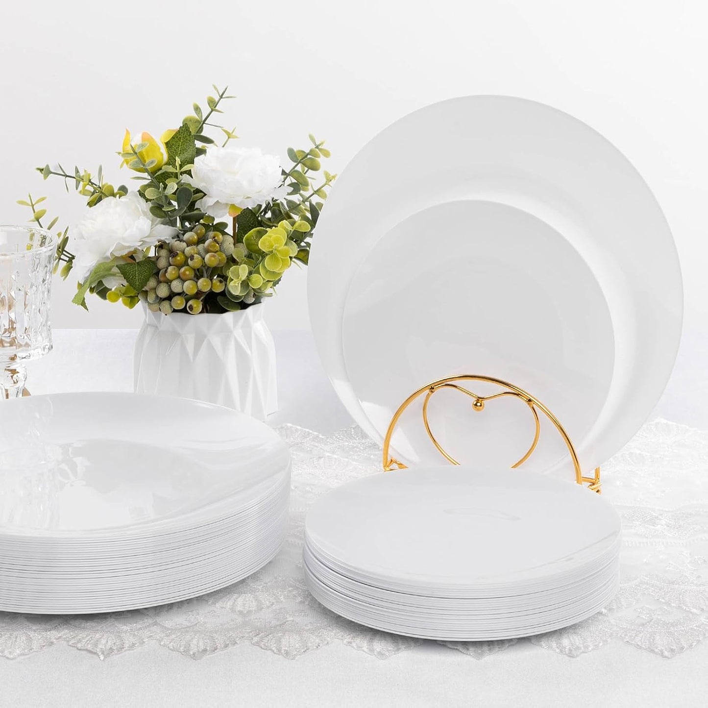 100PCS White Plastic Plates, White Disposable Plates for Party, Wedding, Include 50 Dinner Plates, 50 Dessert Plates for 50 Guests