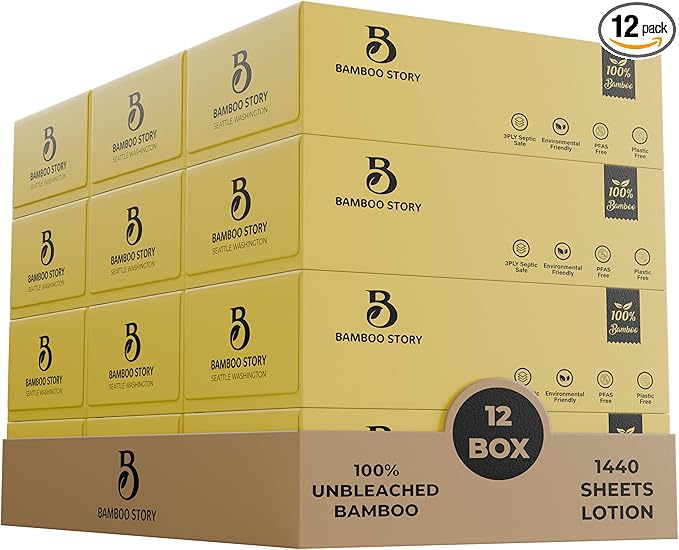 Bamboo Facial Tissues, Lotion Soft, 3-Ply Unbleached & Chemical-Free 1440 Sheets, Hypoallergenic for Sensitive Skin, FSC Certified, Plastic-Free, PFAS-Free, 100% Bamboo Tissues (12)