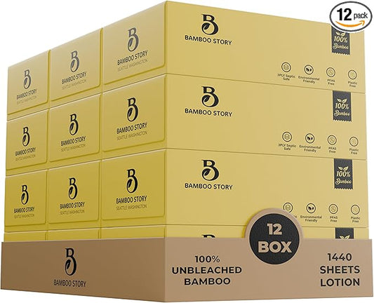 Bamboo Facial Tissues, Lotion Soft, 3-Ply Unbleached & Chemical-Free 1440 Sheets, Hypoallergenic for Sensitive Skin, FSC Certified, Plastic-Free, PFAS-Free, 100% Bamboo Tissues (12)