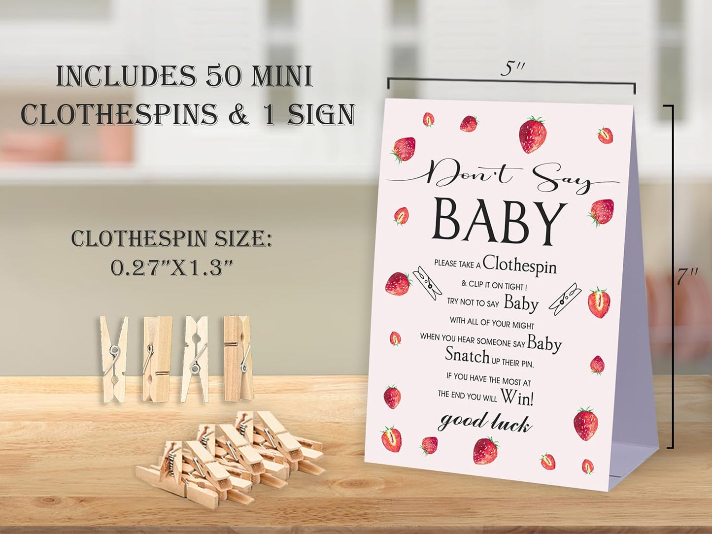 Don't Say Baby Baby Shower Game,Strawberry Berry Sweet Baby Shower Decorations,Mini Clothespins for Baby Shower,Neutral Baby Shower Decorations,1 Sign & 50 Mini Clothespins Set-B10
