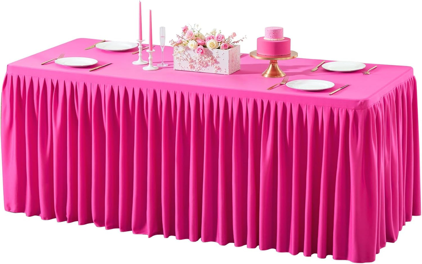 Hot Pink Polyester Table Clothes for 8 Foot Rectangle Tables, Wrinkle Free Fitted Table Cover with Pleated Ruffle Table Skirt for Birthday Party Wedding Trade Show Event Display