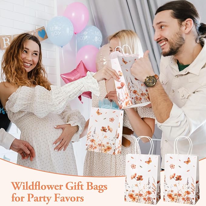Marspark 24 Pcs Thanksgiving Floral Paper Gift Bags Wildflower Treat Bag with Handles for Wedding Birthday Baby Shower Autumn Floral Candy Goodie Bag for Guests, 8.3'' x 5.9'' x 3.1''(Butterfly)