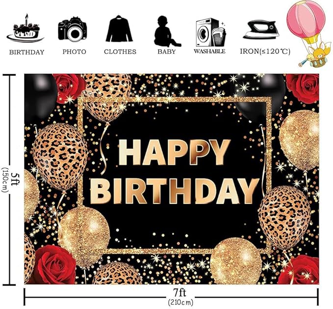 Homewelle Leopard Print Happy Birthday Backdrop Black Gold Red Cheetah Print Banner for Woman Men Polyester Fabric 7Wx5H Balloon Rose Cool Party Celebration Photography Background Photo Shoot Props
