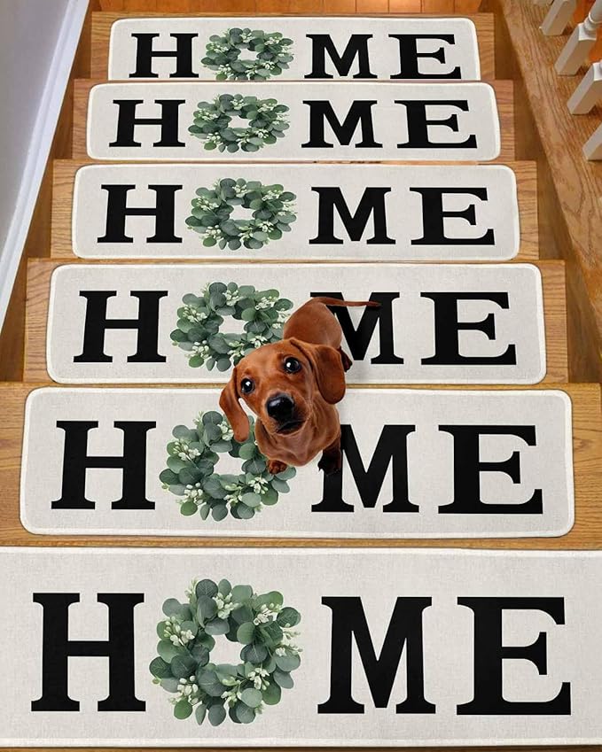 Stair Treads for Wooden Steps Indoor, Home Green Eucalyptus Leaves Garland Soft Stair Treads Non-Slip Carpet Mat 15 Pack, Retro Linen Stair Mat Staircase Steps Rugs