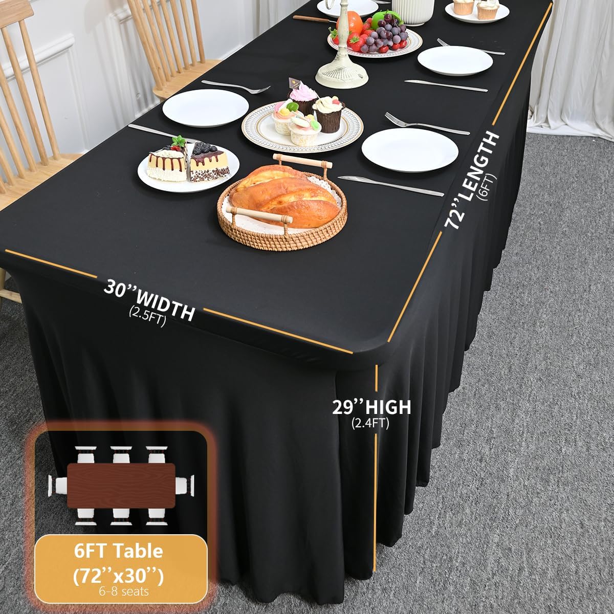 HAORUI Table Skirts, 6ft Rectangle Wrinkle Resistant Table Clothes, Ruffles Elastic Table Cover for Banquets, Weddings, Parties Black…