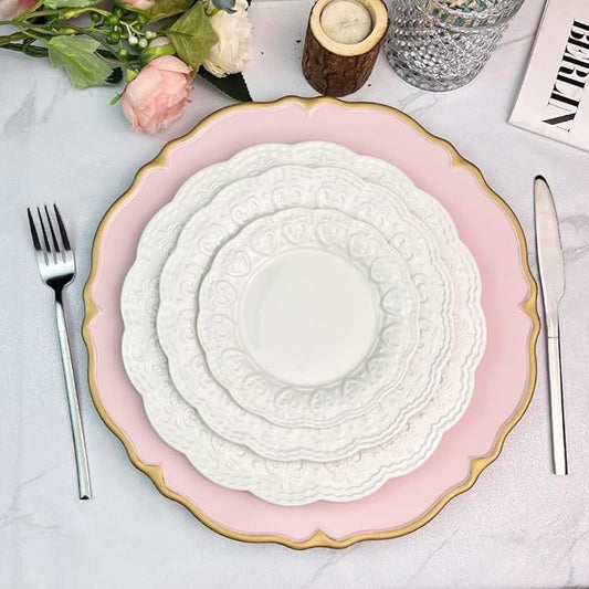 Pink scalloped charger plates with Gold rim, 13" Round Chargers for Dinner Plates, Set of 6 Plastic Plate Chargers for Weddings, Parties, Tabletop Decor.